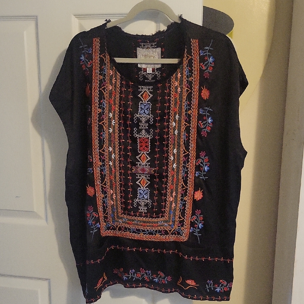 Johnny Was Black Embroidered Boho Blouse with Orange & Blue Accents